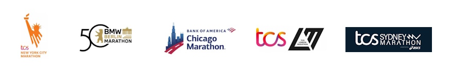 Logos of the different marathons like Berlin, Chicago, London, Sydney and New York